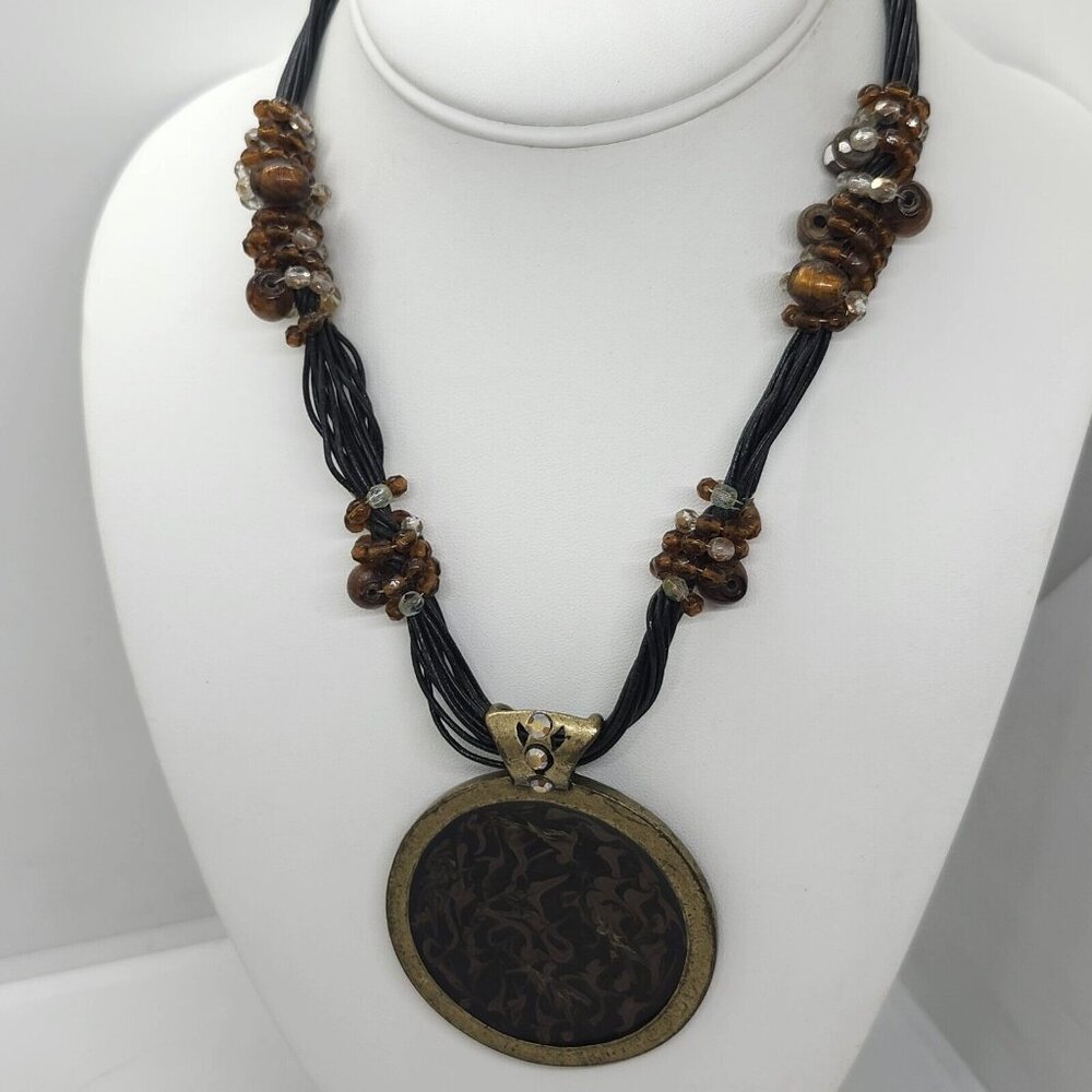 Chicos Enamel Swirl‎ Brass Medallion Cord Necklace